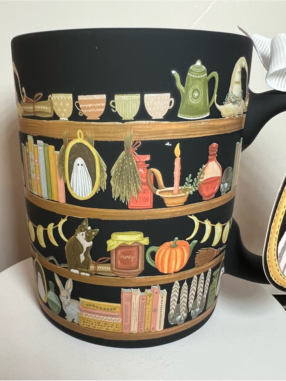 Spooky Harvest Bookshelf Ceramic Mug Halloween Pumpkins Cat Ghost Teacups Books